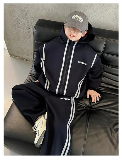 SpringAutumn Boys Navy Striped Zip Sweatshirt Jacket+Sweatpant Work Set School Kids 2PCS Tracksuit Children Jogger Outfit 5-16Yr