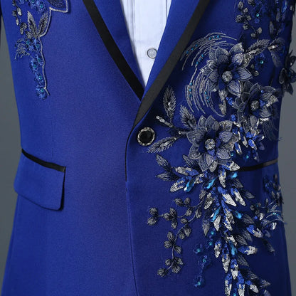 New Men Luxury Decal Suits Black / Red / Blue / White Fashion Singer Host Stage Performance Splicing Flower Blazers and Pants