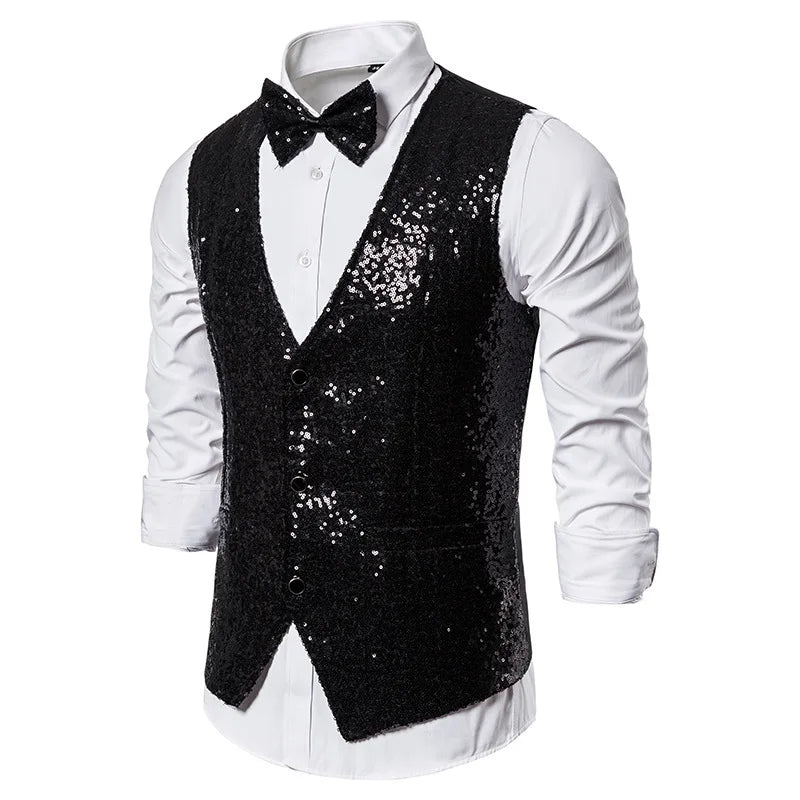 2026 Men's Shiny Gold Sequin Glitter Embellished Blazer Waistcoat Night Club Blazer Wedding Party Waistcoat Stage Singers Vest