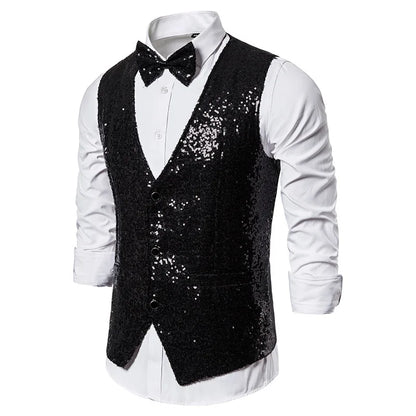 2026 Men's Shiny Gold Sequin Glitter Embellished Blazer Waistcoat Night Club Blazer Wedding Party Waistcoat Stage Singers Vest
