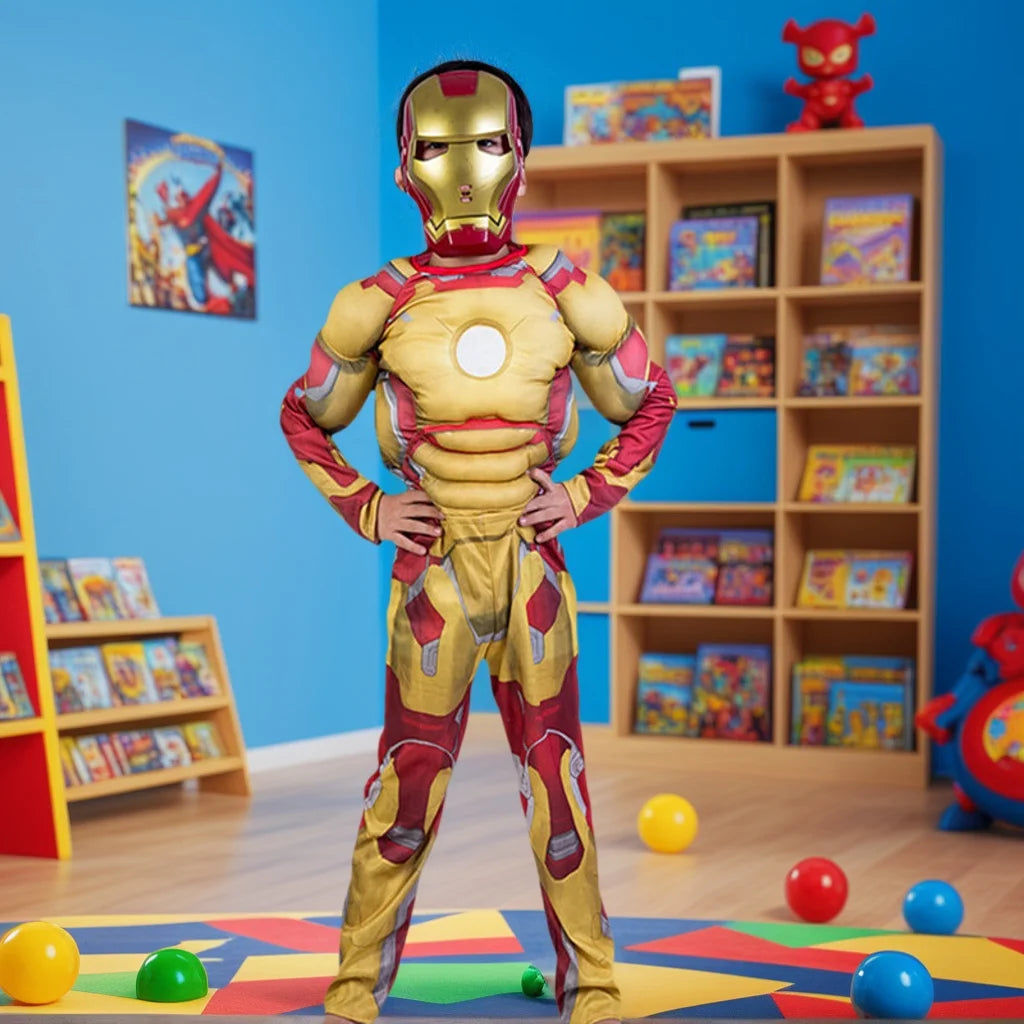 Kids Yellow Iron  Costume Superhero Muscle Suit with Mask Role Play Costume for Halloween Christmas Party Performance