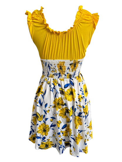 Summer new V-neck slim fit elastic waist women's dress with floral patchwork design, suitable for beach vacations