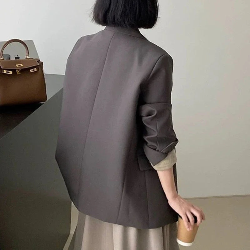 Spring Autumn Elegant Grey Women's Blazer Jacket 2025 New Long Sleeve Single Button Office Lady Loose Outwear for Women