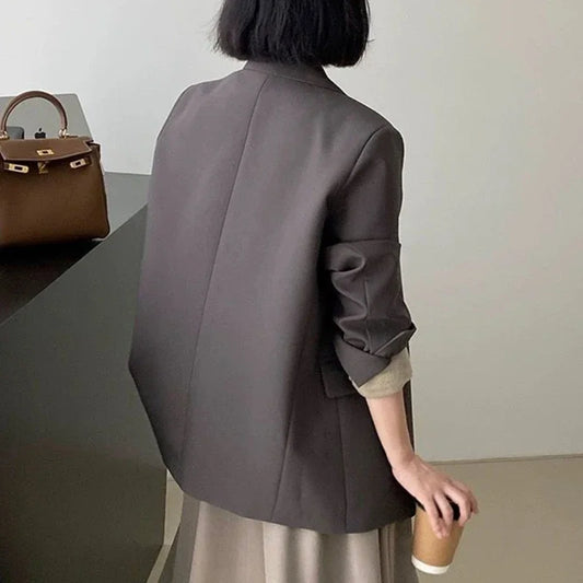 Spring Autumn Elegant Grey Women's Blazer Jacket 2025 New Long Sleeve Single Button Office Lady Loose Outwear for Women