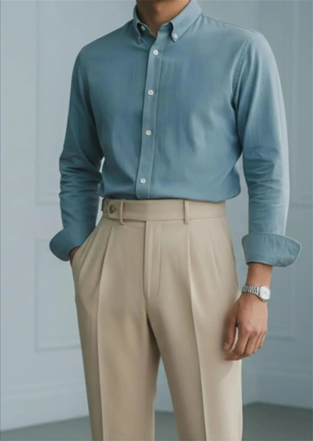 Men’s Beige High Waist Pleated Trousers Tailored Dress Pants with Side Adjusters Vintage Old Money Style