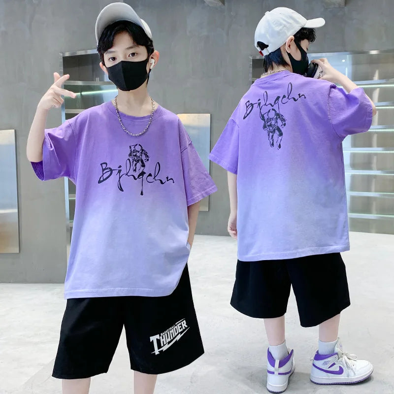 Kids Boy New Summer Suit Tie Dye T-shirt + Cargo Shorts 2 Pieces Tracksuit for Teens Child Shorts Sleeve Clothing Set Age 4 - 14