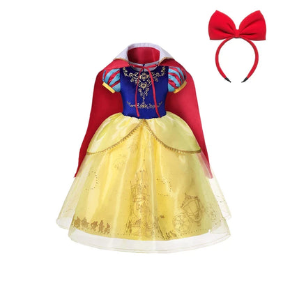 Summer Deluxe Princess Snow White Gown with Cape Girls Fairy Kids Cosplay Costume Toddler Carnival Apparel Halloween Dress up
