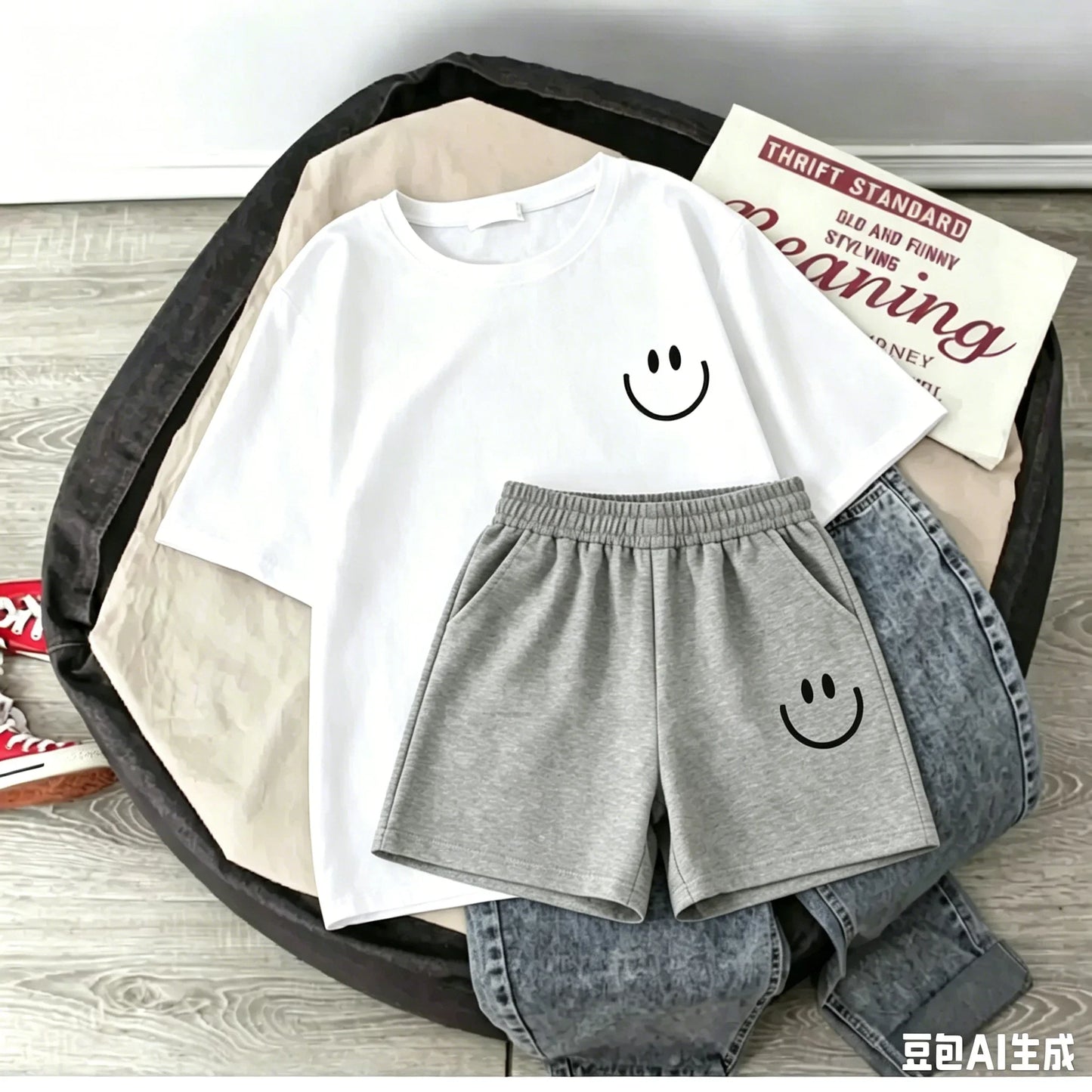 2026 New Summer Smiling Face Print Kids T-shirt Set Short-sleeved Pure Cotton Loose Basic Versatile Cool Simple Kids Outfit Tops