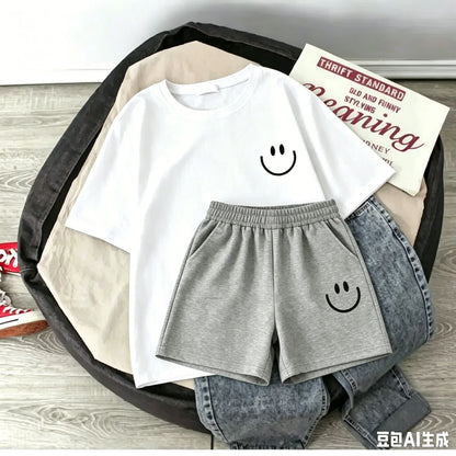 2026 New Summer Smiling Face Print Kids T-shirt Set Short-sleeved Pure Cotton Loose Basic Versatile Cool Simple Kids Outfit Tops