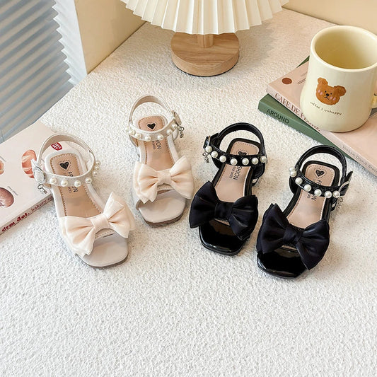 Girls Sandals Sweet Elegant Kids Dress Shoes Dance Wedding Non-slip 2025 Summer New Girls Princess Sandals Big Bows Ins Trendy