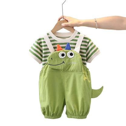 Summer Kids Boys Clothing Toddler Casual Dinosaur Clothes Strips T Shirt Cartoon Bib  Short Pants 2Pcs/Set Children Suit Sets
