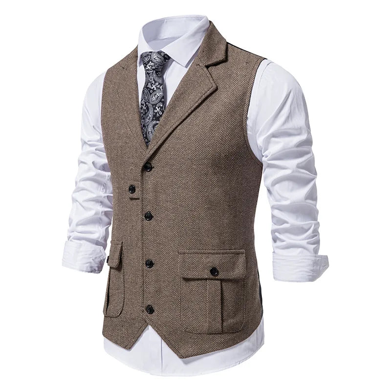 Tailored Collar Vest for Men Single Breasted Herringbone Tweed Suit Vest Mens Formal Striped Waistcoat Punk Groomsmen Wedding