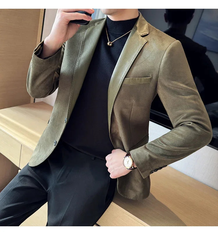 High Quality Deerskin Velvet Splicing Leather Collar Suit Blazers Men Casual Business Slim Coats Mens Social Wedding Clothing