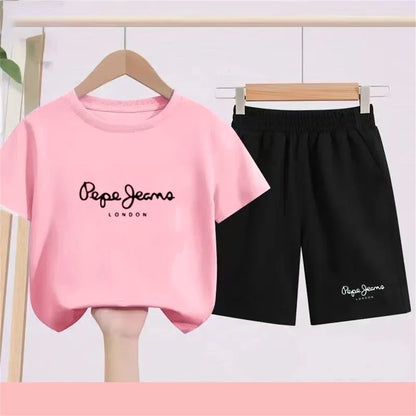 Summer T-shirt Children Short Sleeve Age 3-12 Girls Boy Set White Tshirt+Shorts 2pcs Youngster Cool Refreshing Kids Print Set