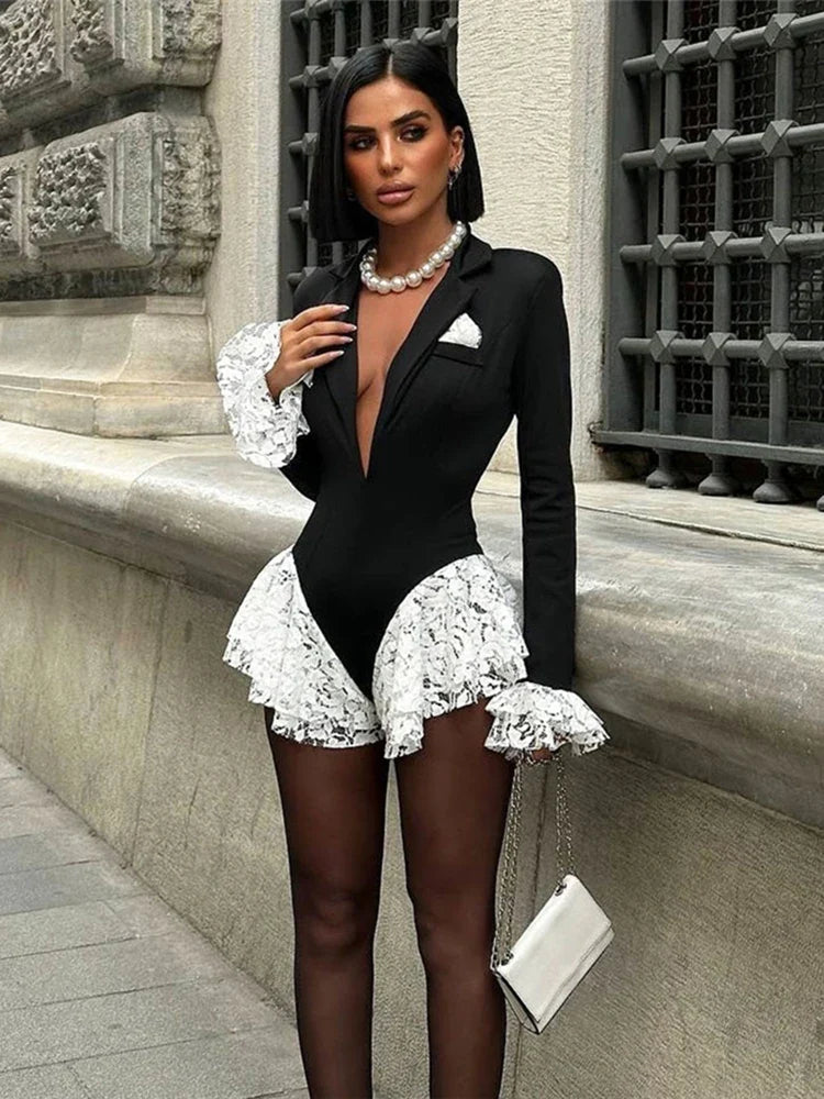 Sexy Ruffle Bodysuit Women Jacquard Deep V-Neck Lapel Tierred Patchwork Full Sleeve Elegant Stretch Skinny Clubwear