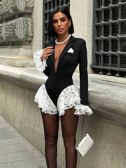 Sexy Ruffle Bodysuit Women Jacquard Deep V-Neck Lapel Tierred Patchwork Full Sleeve Elegant Stretch Skinny Clubwear