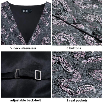 Navy Blue Mens Silk Vests Business Paisley V-Necl Waistcoat Tie Hanky Cufflinks Brooch Set for Men Suit Wedding Formal Hi-Tie