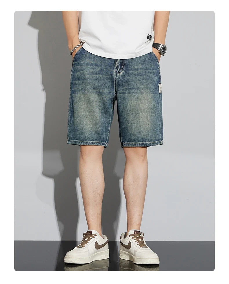 Summer Vintage Denim Shorts Men's Fashion Straight Casual Loose Streetwear Bermuda Jeans Male Short Pants Streetwear
