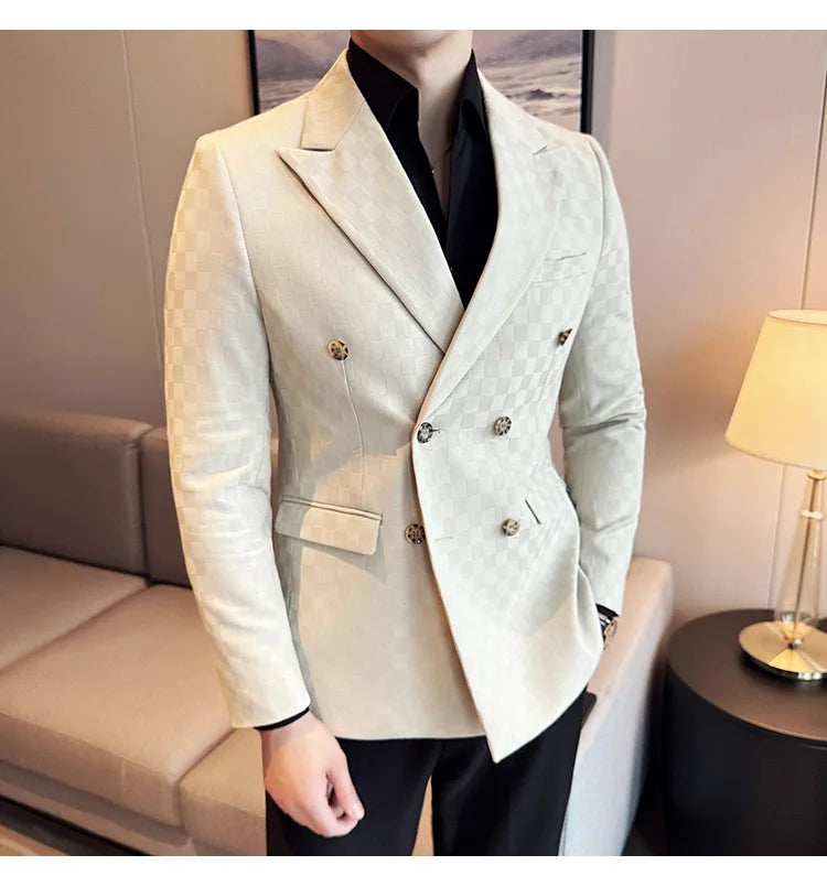 6 Color Luxury Double Breasted Blazers Coats 2024 New Fashion Checkered Business Slim Fit Social   Formal Suit Jacket 5XL-M