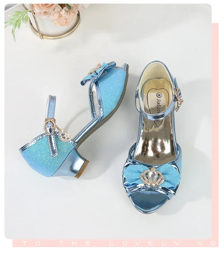 New Girl's High Heel Shoes for Kids Party Wedding Fashion Princess Causal Dress Shoes Sequins Versatile Children's Crown Sandals