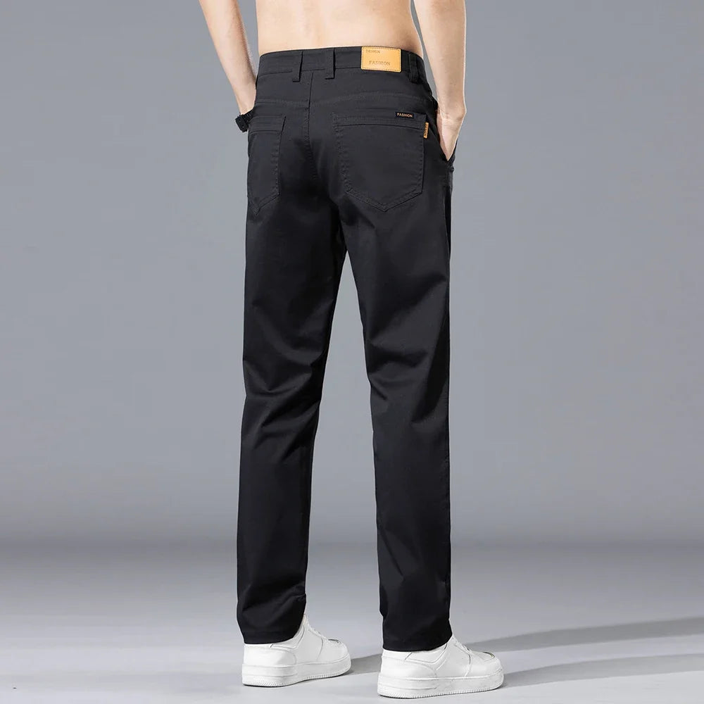 Brand Clothing Spring Summer Men's Casual Pants 97%Cotton Straight Solid Color Business Leisure Long Trousers Khaki Grey Blue