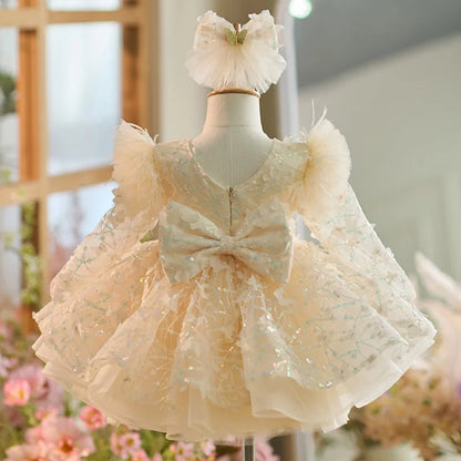 Luxury Girls' Party Dress, Long Sleeved Sequined Butterfly Mesh Dress, One Year Old Birthday Gift, Elegant Dress for Girls Aged