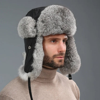 Russia Winter Real fur Hat Unisex Outdoor Windproof Super Warm Real Rabbit Fur Bomber Hats Natural Soft Natural Rabbit Fur Caps