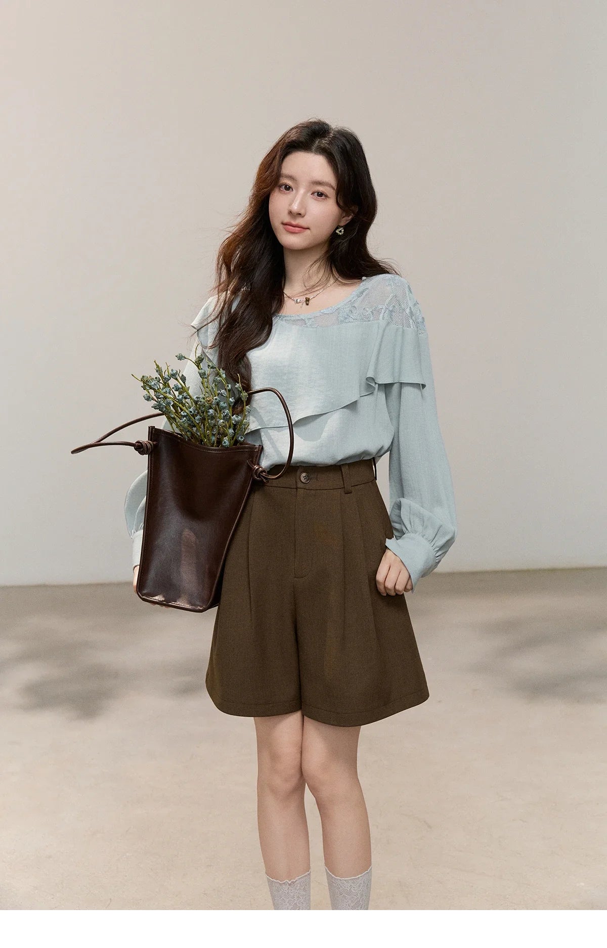 Women's Asymmetric Lace Panel Long Sleeve Blouses 2026 Spring Ruffle Layered Cew Neck Casual Loose Blouse MXF14X2545