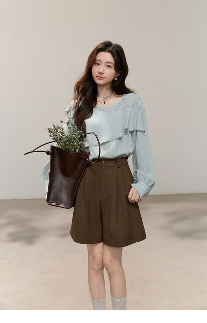 Women's Asymmetric Lace Panel Long Sleeve Blouses 2026 Spring Ruffle Layered Cew Neck Casual Loose Blouse MXF14X2545