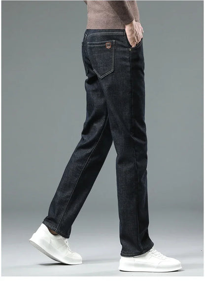 Winter Warm Fleece Jeans Men 2023 Straight Stretch Thick Casual Thermal Denim Pants Male Business Work Trousers New Men Clothing