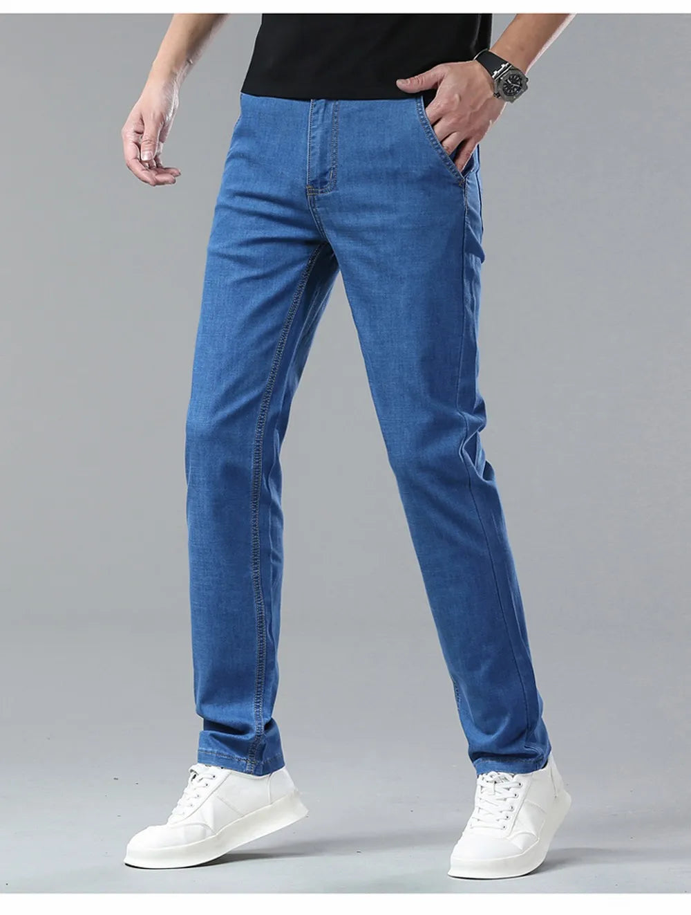 Summer Lyocell Men's Jeans Breathable Thin Casual Straight Stretch Business Work Denim Trousers Classic Fashion Brand Clothing