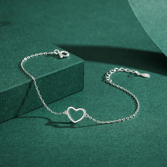 Bracelet à maillons en argent sterling 925 véritable - Cœur classique et simple - Pour femme - Bijoux fins