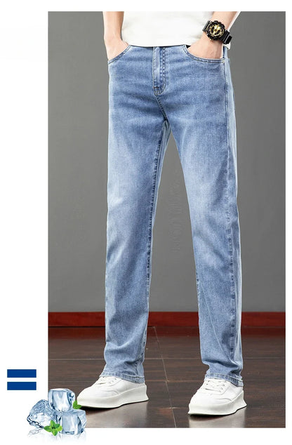Spring Summer Thin Men's Jeans Fashion Korean Elastic Slim Straight Business Casual Denim Pants Classic Washed Male Trousers