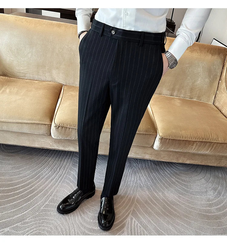High Quality Striped Suit Pants 2025 Autumn New Fashion Slim Fit Business Elastic waisted Pants Male Wedding Party Trousers
