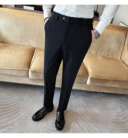 High Quality Striped Suit Pants 2025 Autumn New Fashion Slim Fit Business Elastic waisted Pants Male Wedding Party Trousers