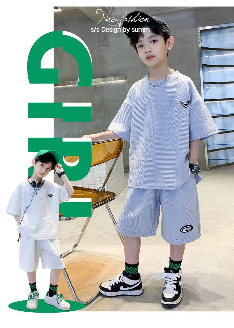 Summer Casual Boys Jacquard Loose T-Shirt Tops+Shorts Pant School Kids 2PCS Tracksuit Child Outfits Student Workout Set 3-14 Yr
