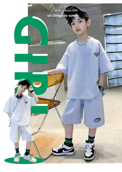 Summer Casual Boys Jacquard Loose T-Shirt Tops+Shorts Pant School Kids 2PCS Tracksuit Child Outfits Student Workout Set 3-14 Yr