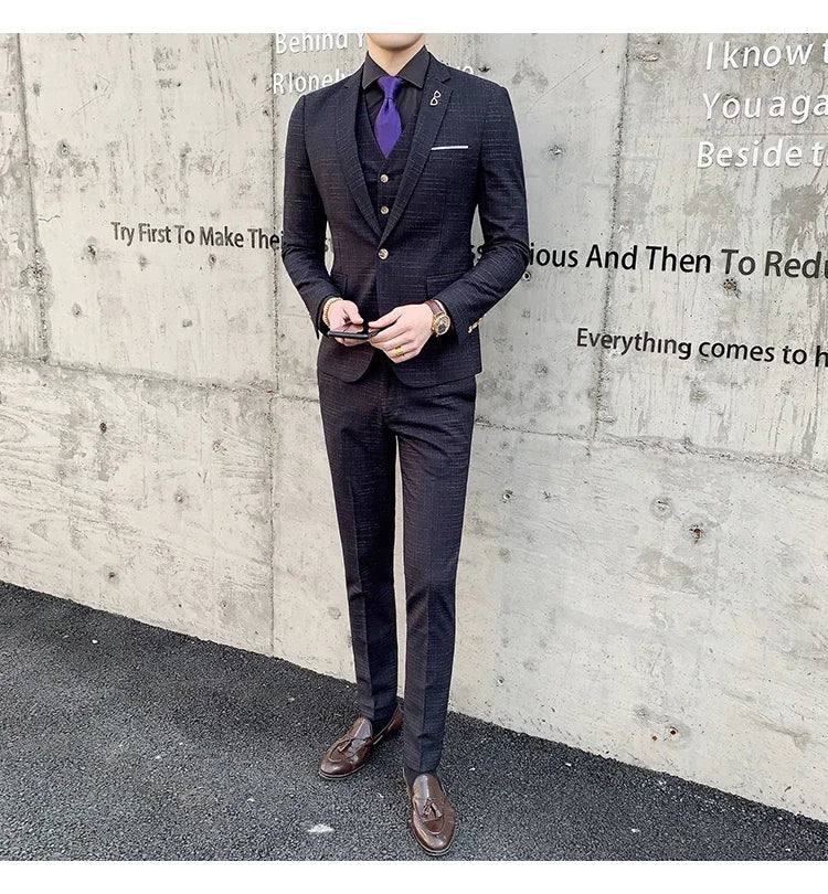 High Quality Slim-fit Men's Three-piece Suit with Vest And Trousers - Double Buckle Wedding Art Fabric Tough Man Suit