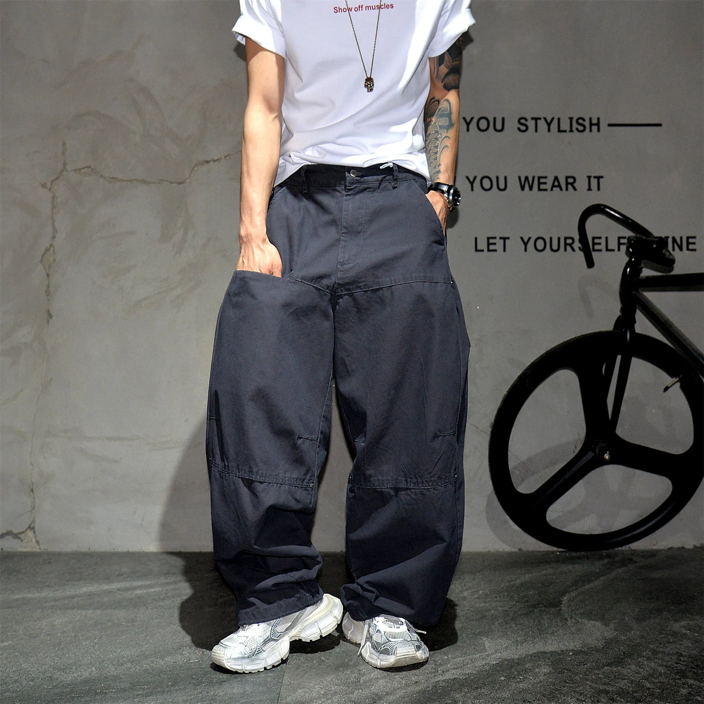 Mens Cargo Pants American Trendy Solid Black Cotton Heavyweight Wide Leg Loose Straight Streetwear Casual High Quality Pants