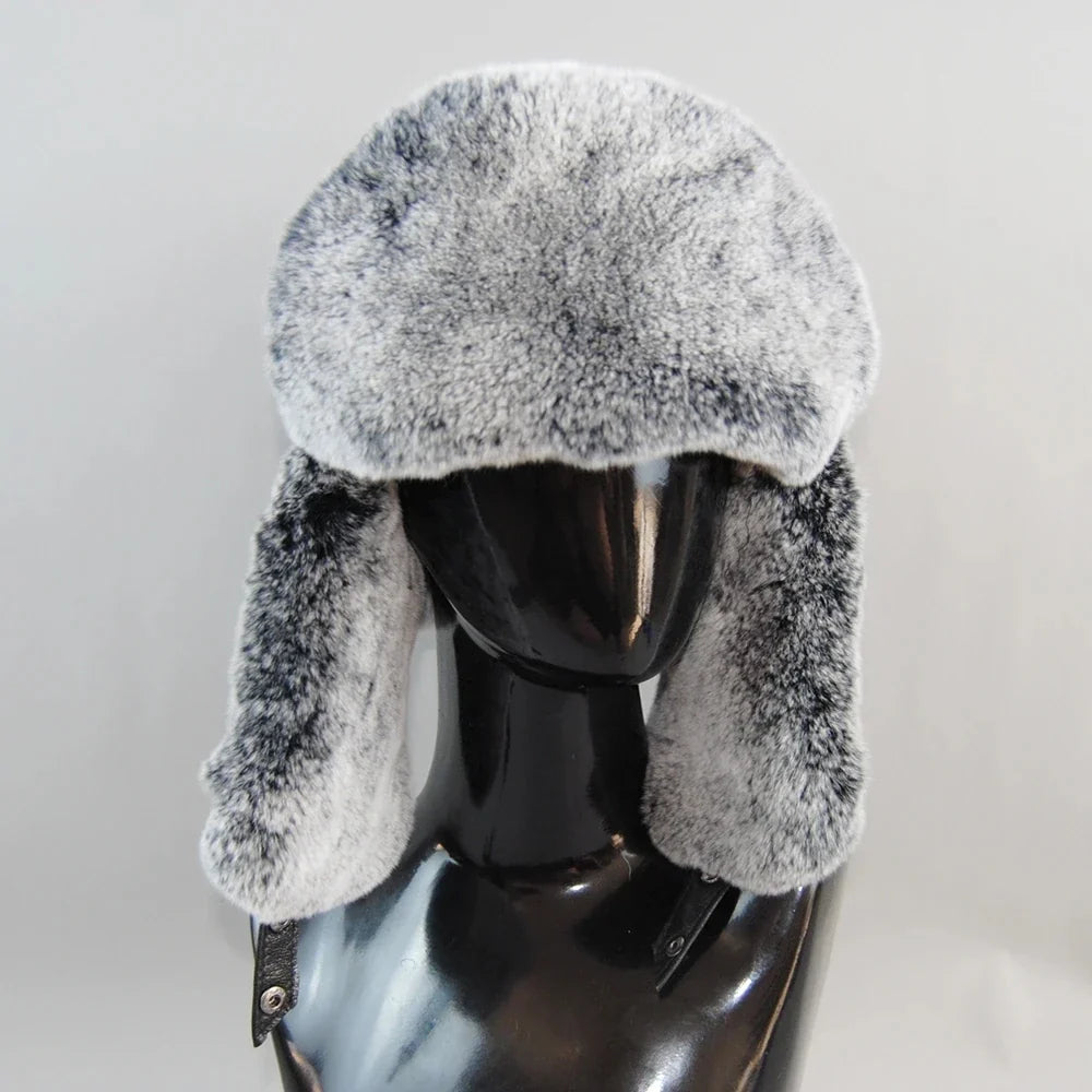 Winter Russian Man Woman White Skin Natural Rex Rabbit Fur Hats Luxury Real Sheepskin Leather Cap Unisex Real Fur Bomber Hat