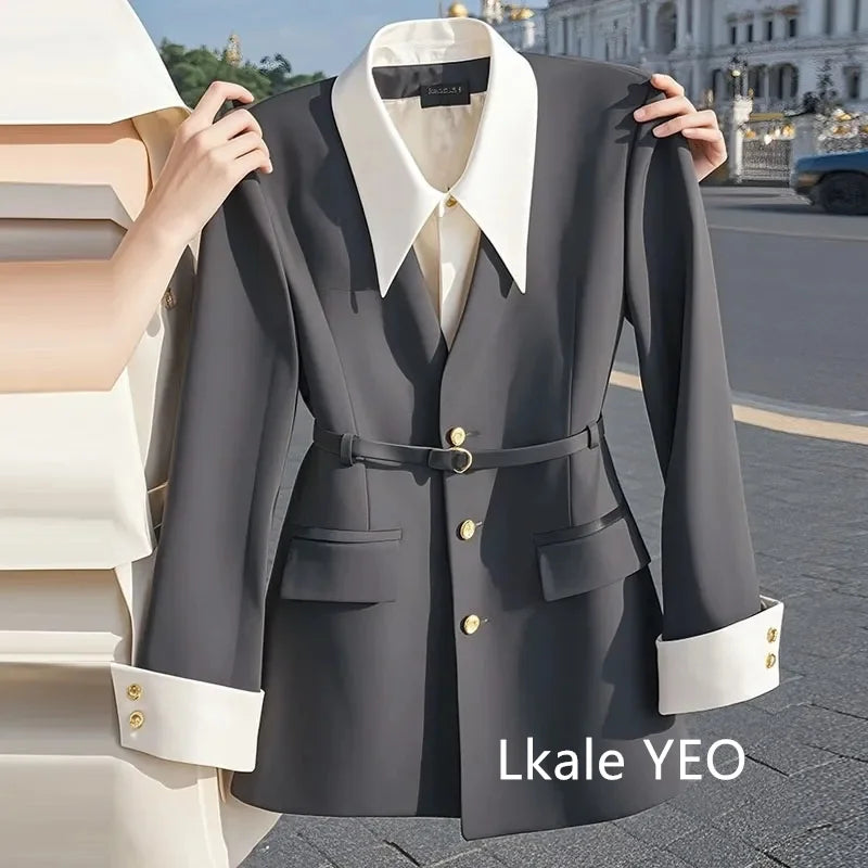 Women's Suit Coat 2025 Spring Autumn Advanced Popular Ladies  Blazer Jacket Casual Fake Two Items Temperament Lady Outerwear
