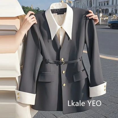 Women's Suit Coat 2025 Spring Autumn Advanced Popular Ladies  Blazer Jacket Casual Fake Two Items Temperament Lady Outerwear