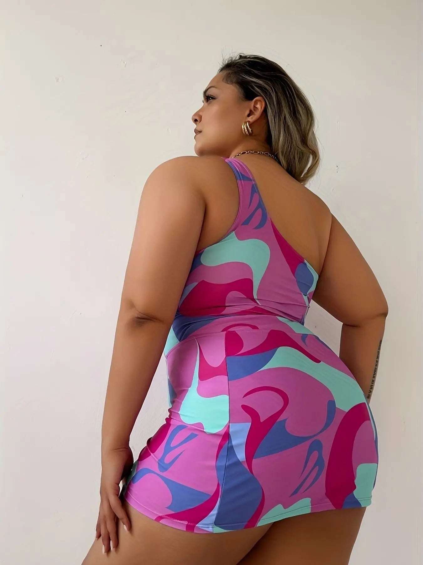2026 Sexy Print 2 Piece Plus Size Swimwear Women One-shoulder Large One Piece Swimsuit Brazilian Chubby Bathing Suit
