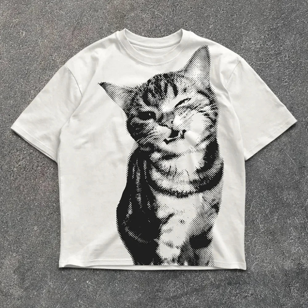 Summer Harajuku Letter Graphic T Shirts Y2k Tops Cat Print Women High Street Oversized T Shirt Streetwear Vintage Tee Clothing