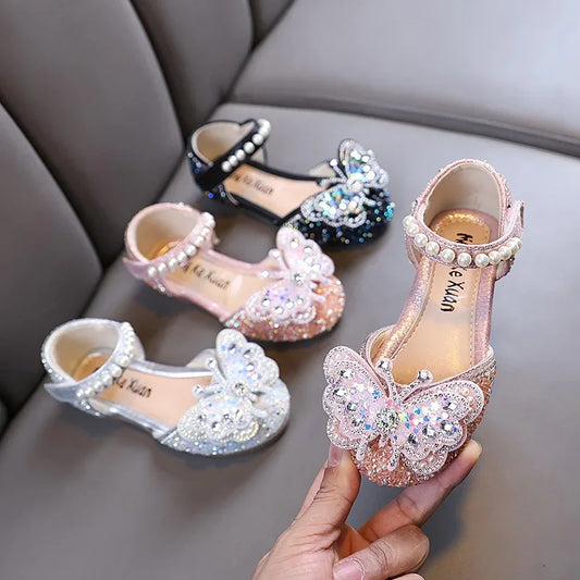Kids Sandals for Girls Rhinestone Butterfly Elegant Versatile Children's Summer Sandals Soft Bottom Princess Fashion Flat Shoes