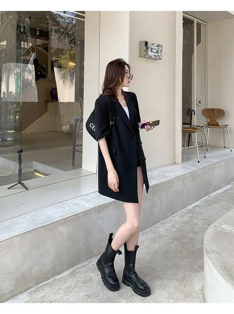 Korean Fashion Loose Thin Blazer Women Spring Autumn New Extra Large Mid Length Short Sleeved Women Coat Casual Outwear