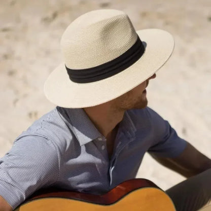 Unisex Panama Straw Hat Wide Brim Summer Beach Sun Protection Fedora Style - Sizes 55-57/58-60/61-64cm (Large/Plus)"