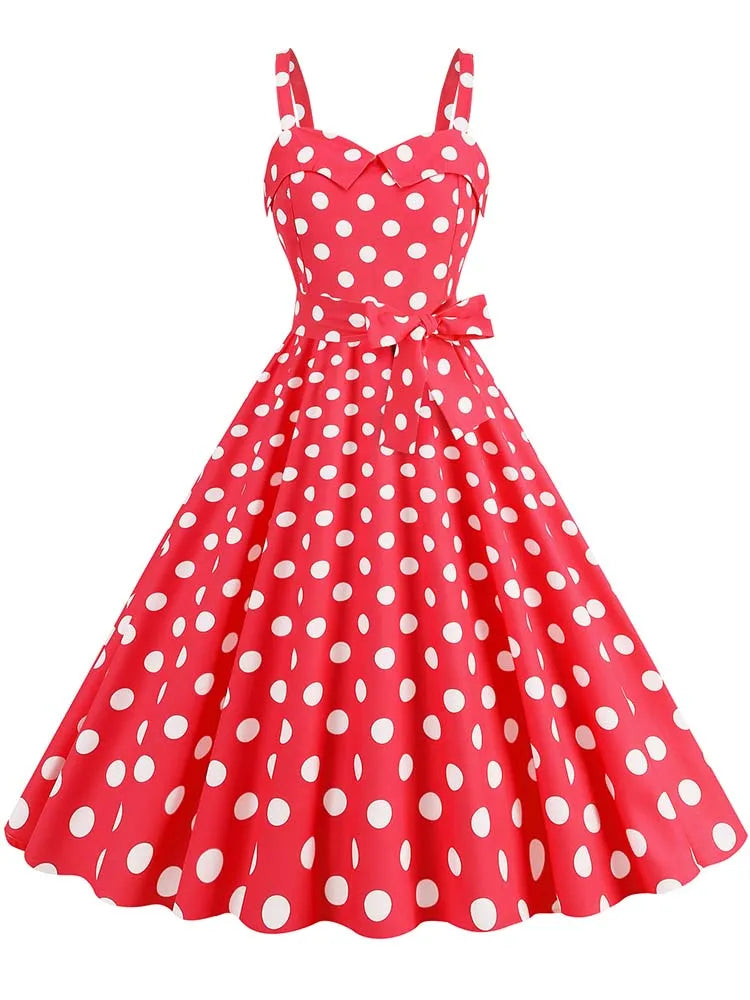 Spaghetti Strap Pink Plaid Dress Women Summer Elegant Vintage 50s Rockabilly Swing Party Dress