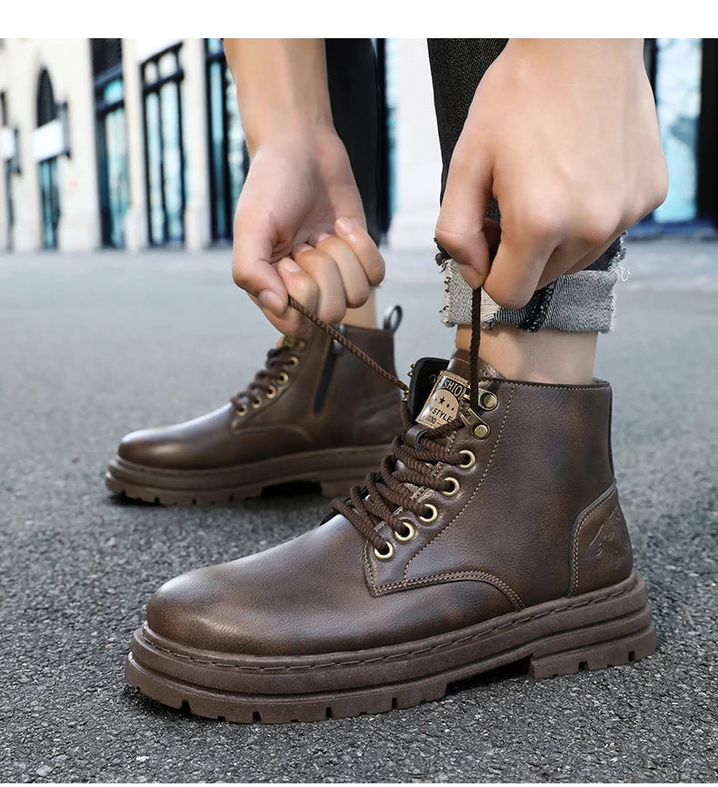 Men's boots four seasons soft-sole non-slip casual boots fashion outdoor work boots high boots classic Joker youth leather boots