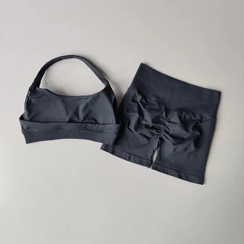 Sexy Halter Neck Beautiful Back High Waist Peach Sports Bras Shorts Suit Pilates Gathering Yoga Vest Training Fitness Bra Sets